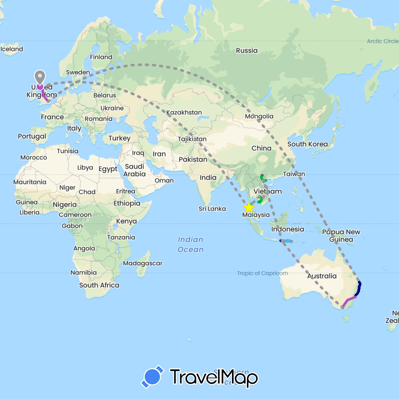 TravelMap itinerary: driving, bus, plane, train, boat, motorbike, taxi in Australia, United Kingdom, Indonesia, Cambodia, Thailand, Vietnam (Asia, Europe, Oceania)